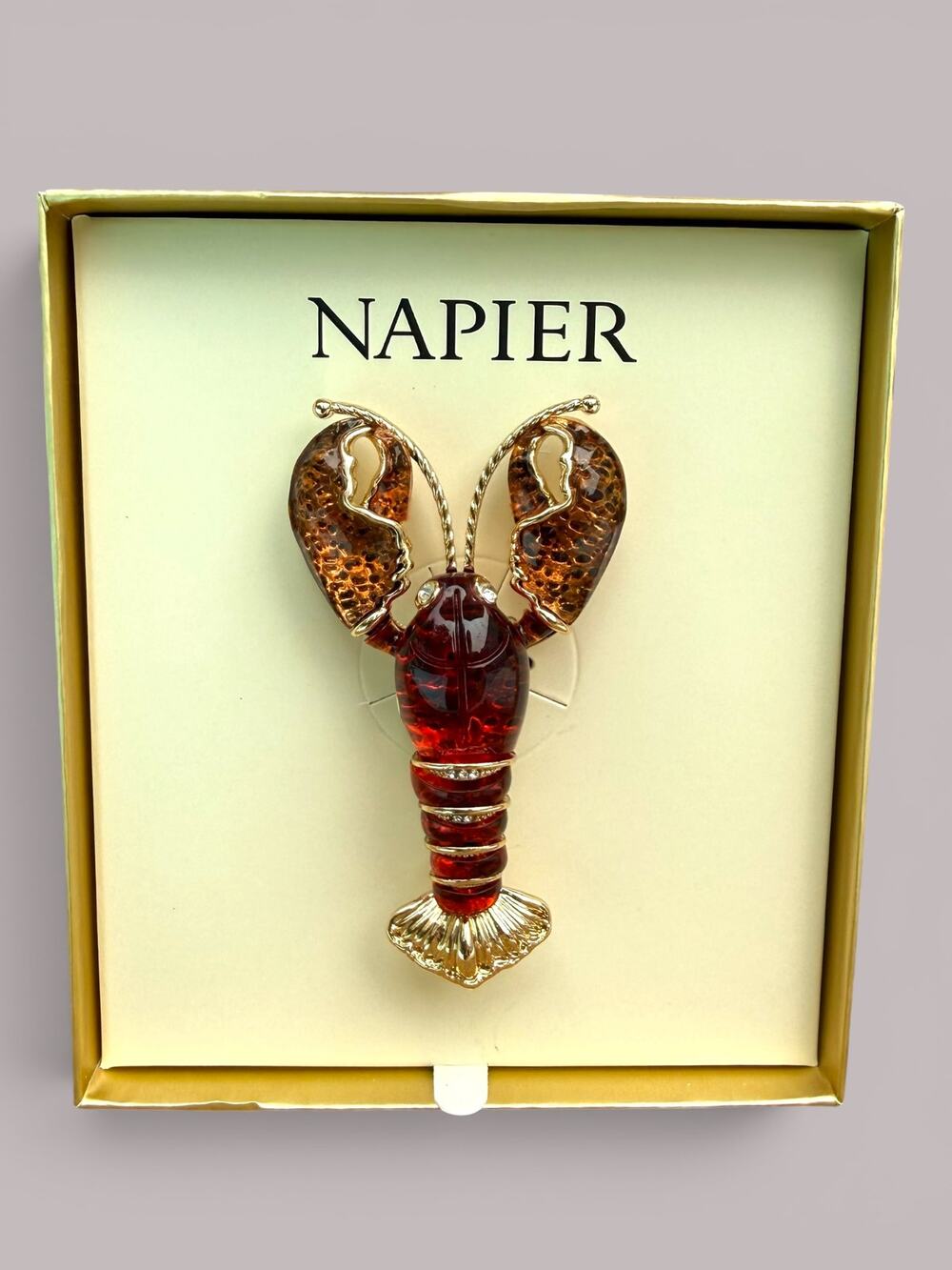 NIB NAPIER Red Glass Lobster Brooch Pin Gold Tone in Box Coastal Maine Elevated - Picture 2 of 5